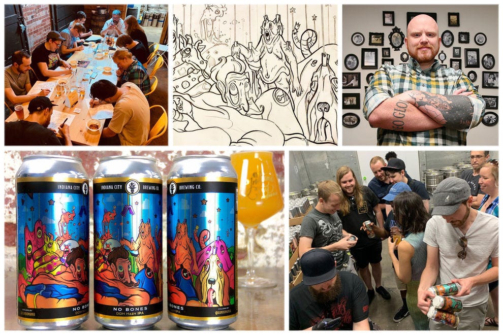 Dans le sens des aiguilles d'une montre à partir du haut à gauche: Craft Brew Doodle Crew au travail, croquis pour No Bones DDH Hazy IPA, Aaron Scamihorn, l'équipe admirant leur travail, fini peut concevoir