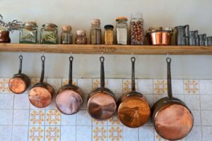 Copper pots and pans are statement pieces in the kitchen