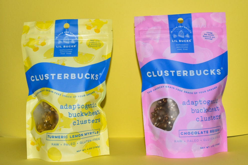 Clusterbucks aux saveurs de curcuma, de myrte au citron et de chocolat Reishi